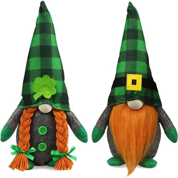 St.Patrick's Day Gnome Plush Elf Decorations - Mr and Mrs Green Buffalo Check - Picture 1 of 8